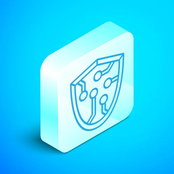 Isometric line Cyber security icon isolated on blue background. Shield sign. Safety concept. Digital data protection. Silver square button. Vector Illustration — Stock Vector