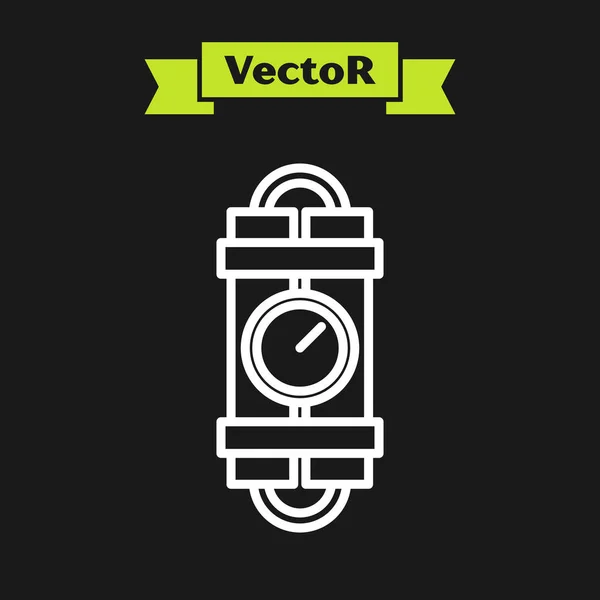 Weiße Linie detonieren Dynamitbombe Stock und Timer-Uhr-Symbol isoliert auf schwarzem Hintergrund. Zeitbombe - Explosionsgefährdungskonzept. Vektorillustration — Stockvektor