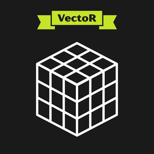 Línea blanca Rubik icono de cubo aislado sobre fondo negro. Juguete mecánico del rompecabezas. Cubo de Rubik 3d rompecabezas de combinación. Ilustración vectorial — Vector de stock