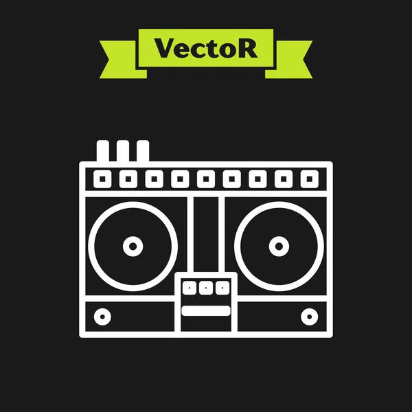 White line DJ remote for playing and mixing music icon isolated on black background. DJ mixer complete with vinyl player and remote control. Vector Illustration — Stock Vector