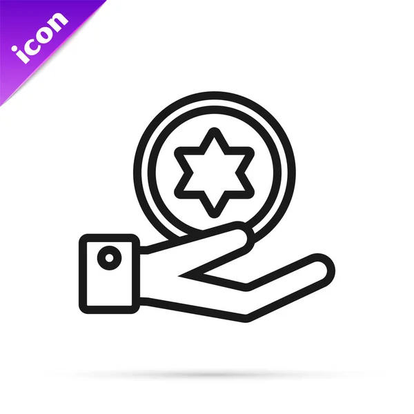 Schwarze Linie jüdische Münze auf der Hand Symbol isoliert auf weißem Hintergrund. Währungssymbol. Vektorillustration — Stockvektor