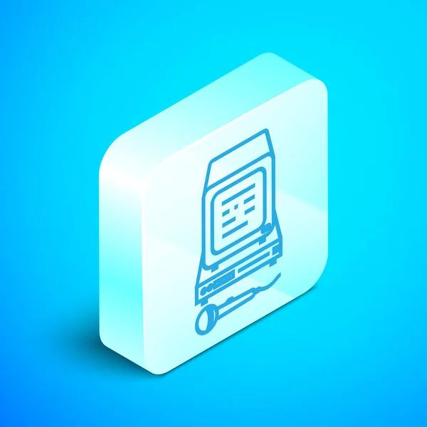 Isometric line Karaoke icon isolated on blue background. Microphone and monitor. Silver square button. Vector Illustration — Stock Vector