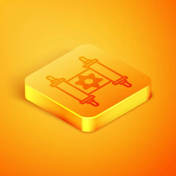 Isometric line Torah scroll icon isolated on orange background. Jewish Torah in expanded form. Star of David symbol. Old parchment scroll. Orange square button. Vector Illustration — Stock Vector