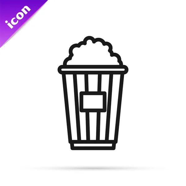 Zwarte lijn Popcorn in kartonnen doos pictogram geïsoleerd op witte achtergrond. Popcorn emmer doos. Vector Illustratie — Stockvector