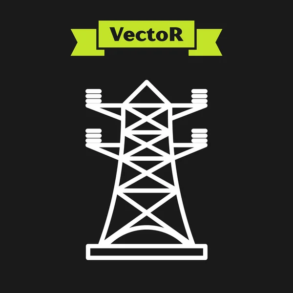 Torre elétrica de linha branca usada para suportar um ícone de linha de energia aérea isolado em fundo preto. Linha de pólo de alta tensão. Ilustração vetorial — Vetor de Stock