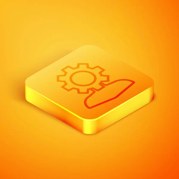 Isometric line Human with gear inside icon isolated on orange background. Artificial intelligence. Thinking brain sign. Symbol work of brain. Orange square button. Vector Illustration — Stock Vector