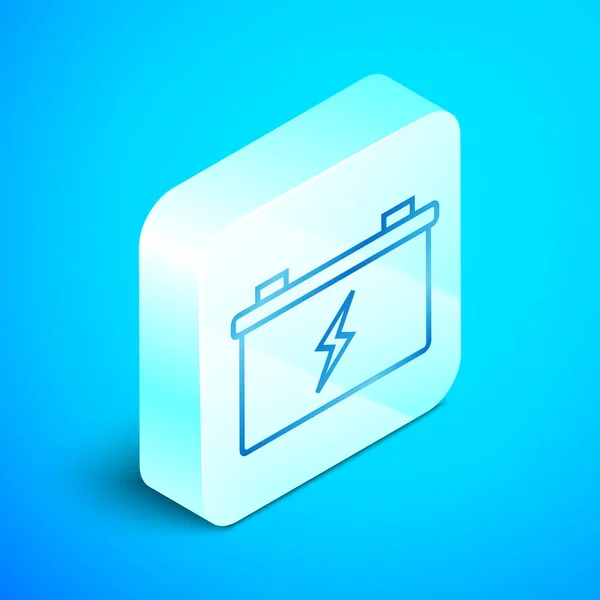 Isometrische Linie Autobatterie Symbol isoliert auf blauem Hintergrund. Akkumulatorbatterie und Akkumulatorbatterie. Silberner quadratischer Knopf. Vektorillustration — Stockvektor