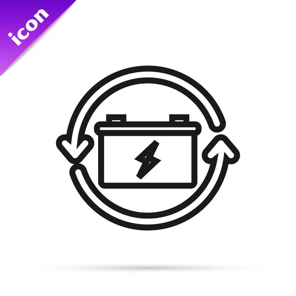 Batería de línea negra con icono de línea de símbolo de reciclaje aislado sobre fondo blanco. Batería con símbolo de reciclaje - concepto de energía renovable. Ilustración vectorial — Archivo Imágenes Vectoriales
