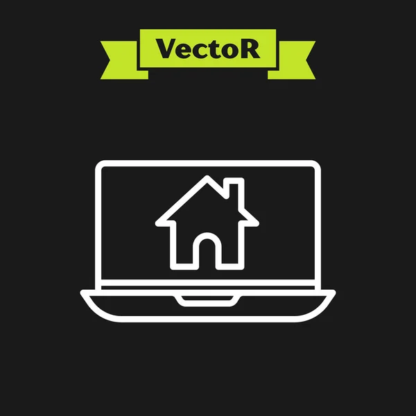 White Line Laptop und Smart Home Icon isoliert auf schwarzem Hintergrund. Fernbedienung. Vektorillustration — Stockvektor