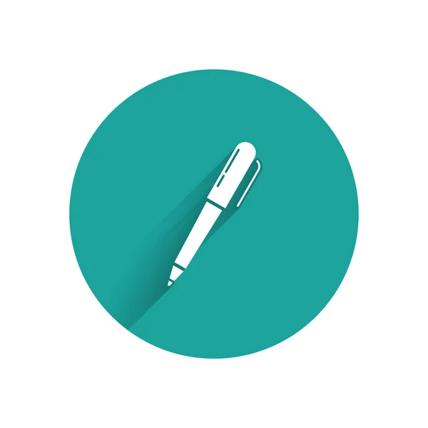 Weißes Stift Symbol Isoliert Mit Langem Schatten Grüner Kreis Knopf — Stockvektor