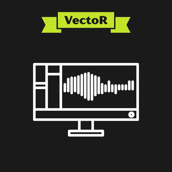 White Line Sound oder Audio Recorder oder Editor Software auf dem Computer-Monitor-Symbol isoliert auf schwarzem Hintergrund. Vektorillustration — Stockvektor