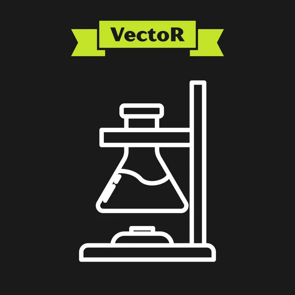 Weiße Linie Glas Reagenzglas Kolben auf Feuer Heizung Experiment Symbol isoliert auf schwarzem Hintergrund. Laborgeräte. Vektorillustration — Stockvektor