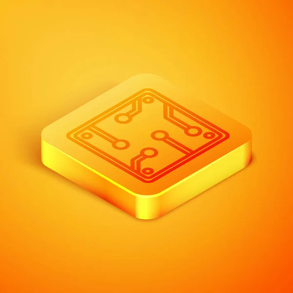 Isometric line Processor icon isolated on orange background. CPU, central processing unit, microchip, microcircuit, computer processor, chip. Orange square button. Vector Illustration — Stock Vector