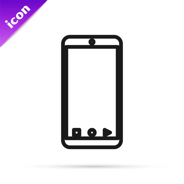 Черная линия Мобильный смартфон с приложением отслеживания доставки значок изолирован на белом фоне. Отслеживание посылок. Векторная миграция — стоковый вектор