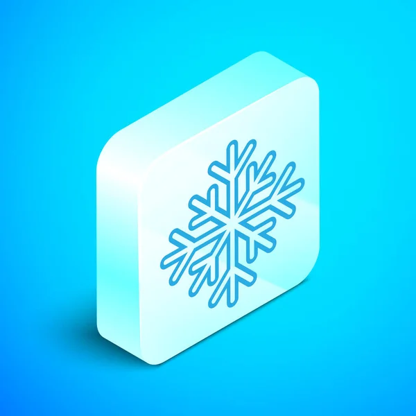 Isometrische lijn Sneeuwvlok pictogram geïsoleerd op blauwe achtergrond. Zilveren vierkante knop. Vector Illustratie — Stockvector