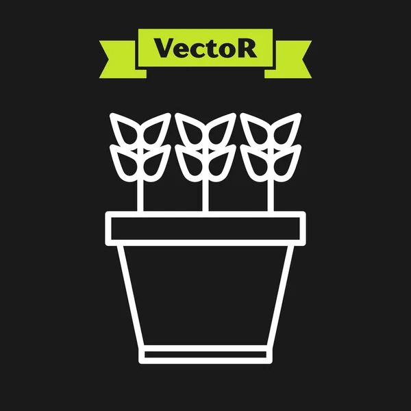 Weiße Linie Pflanzen im Topf Symbol isoliert auf schwarzem Hintergrund. Pflanzen wachsen in einem Topf. Topfpflanzenschild. Vektorillustration — Stockvektor