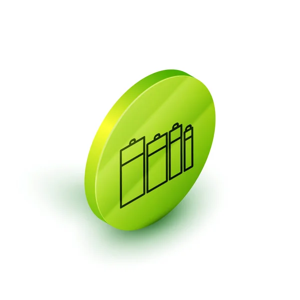 Ισομετρική γραμμή Εικονίδιο μπαταρίας απομονωμένο σε λευκό φόντο. Σύμβολο κεραυνός. Πράσινο κουμπί κύκλου. Εικονογράφηση διανύσματος — Διανυσματικό Αρχείο