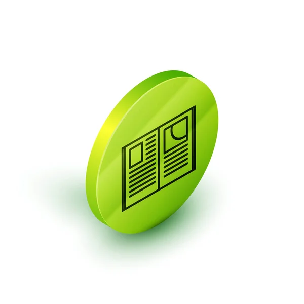 Linha isométrica Ícone de livro aberto isolado no fundo branco. Botão de círculo verde. Ilustração vetorial — Vetor de Stock