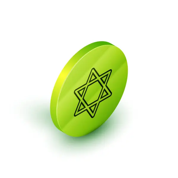 Isometrische lijn Ster van David pictogram geïsoleerd op witte achtergrond. Joodse religie symbool. Symbool van Israël. Groene cirkel knop. Vector Illustratie — Stockvector