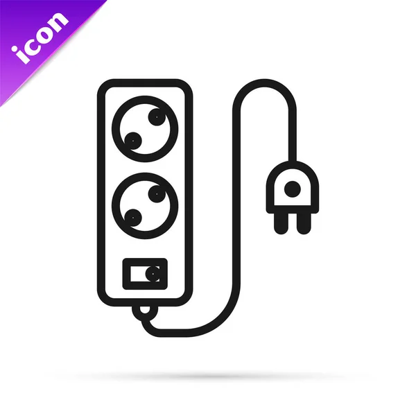 Zwarte lijn Elektrische verlengsnoer pictogram geïsoleerd op witte achtergrond. Stroomstopcontact. Vector Illustratie — Stockvector