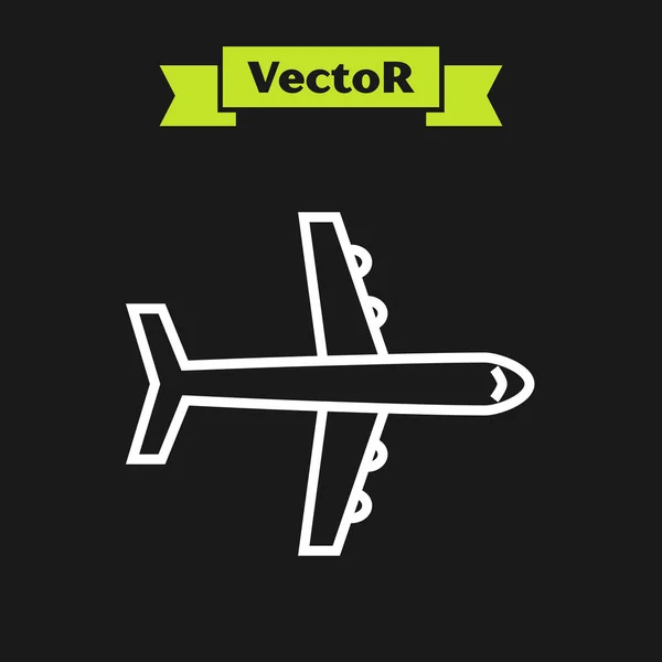 Línea blanca Icono plano aislado sobre fondo negro. Icono del avión volador. Firma del avión. Ilustración vectorial — Vector de stock