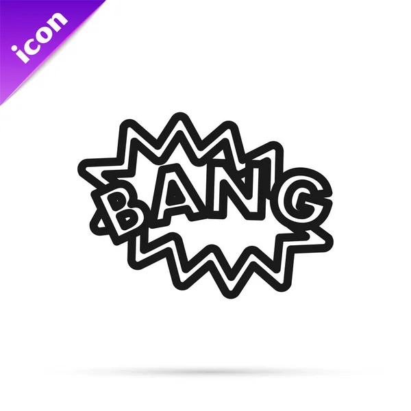Línea negra Bang boom, pistola Texto cómico burbuja globo icono aislado sobre fondo blanco. Ilustración vectorial — Vector de stock