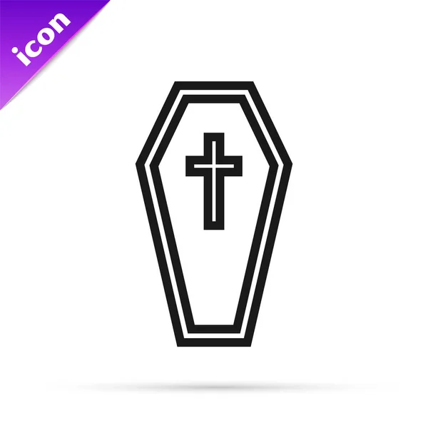 Czarna linia Trumna z chrześcijańską ikoną krzyża odizolowana na białym tle. Wesołego Halloween. Ilustracja wektora — Wektor stockowy