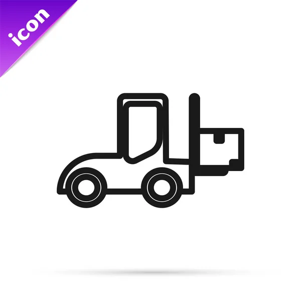 Чорна лінія Піктограма вантажівки навантажувача ізольована на білому тлі. Вилковий навантажувач і картонна коробка. Доставка вантажів, доставка, перевезення. Векторна ілюстрація — стоковий вектор