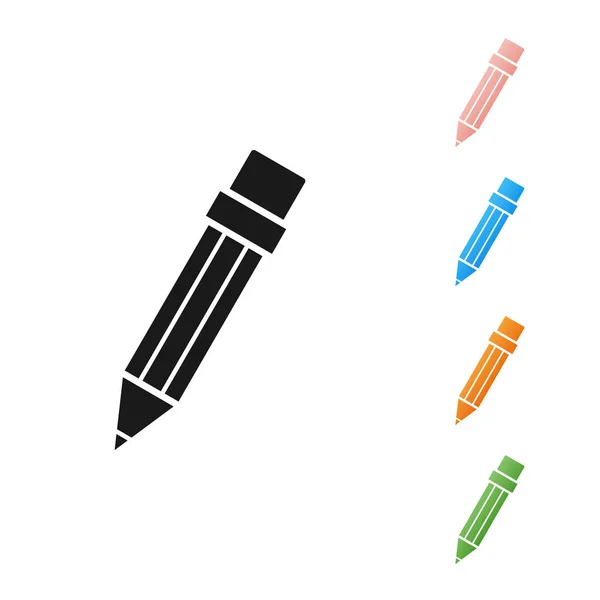 Schwarzer Bleistift mit Radiergummi-Symbol auf weißem Hintergrund. Zeichen- und Erziehungswerkzeuge. Schulamtssymbol. Setzen Sie Symbole bunt. Vektorillustration — Stockvektor