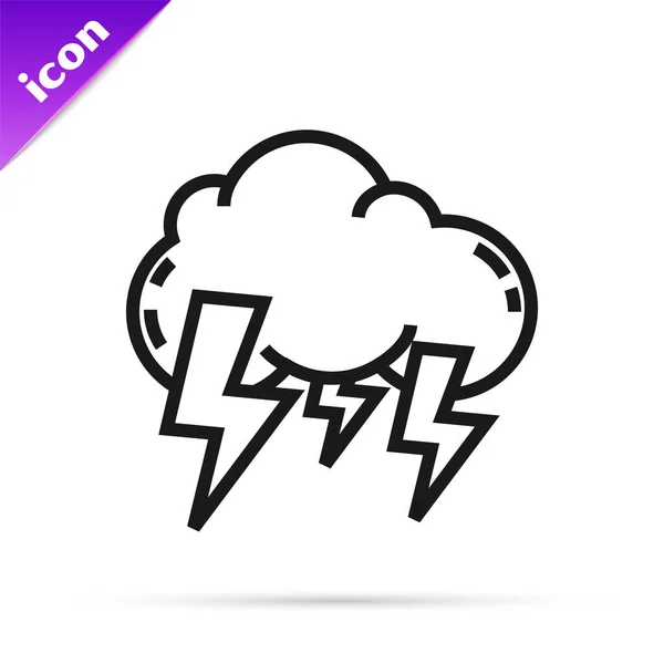 Icono de Tormenta de línea negra aislado sobre fondo blanco. Nube y relámpago. Icono del tiempo de tormenta. Ilustración vectorial — Archivo Imágenes Vectoriales