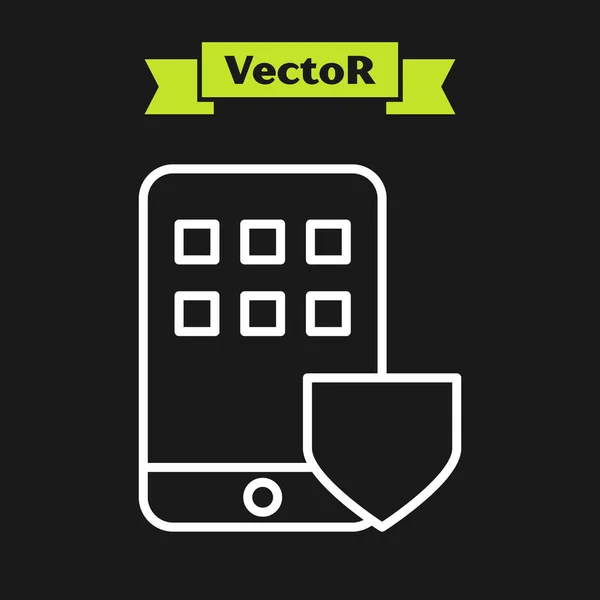 Weiße Linie Mobiltelefon mit Schild-Symbol isoliert auf schwarzem Hintergrund. Smartphone-Versicherung. Sicherheit, Sicherheit, Schutz, Schutzkonzept. Vektorillustration — Stockvektor