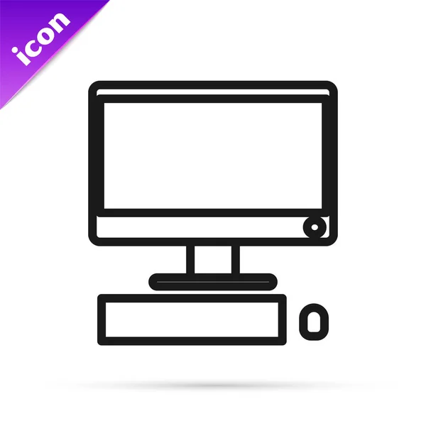 Černá čára Počítačový monitor s klávesnicí a myší ikona izolované na bílém pozadí. Značka PC komponenty. Vektorová ilustrace — Stockový vektor