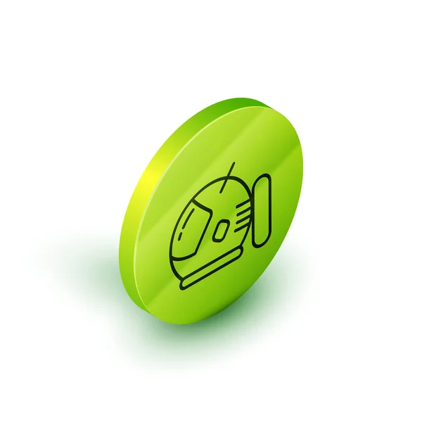 Línea isométrica Icono del casco de astronauta aislado sobre fondo blanco. Botón círculo verde. Ilustración vectorial — Vector de stock