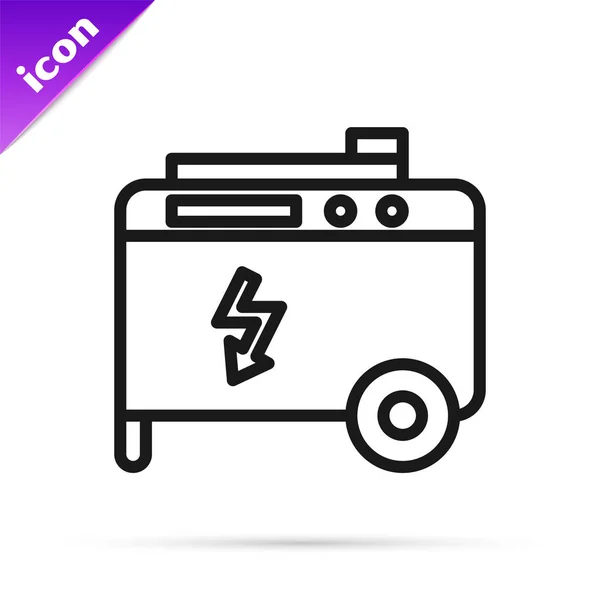 Zwarte lijn Draagbare elektrische generator pictogram geïsoleerd op witte achtergrond. Industriële en huis onroerende energiegenerator. Vector Illustratie — Stockvector