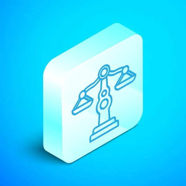 Isometric line Scales of justice icon isolated on blue background. Court of law symbol. Balance scale sign. Silver square button. Vector Illustration — Stock Vector