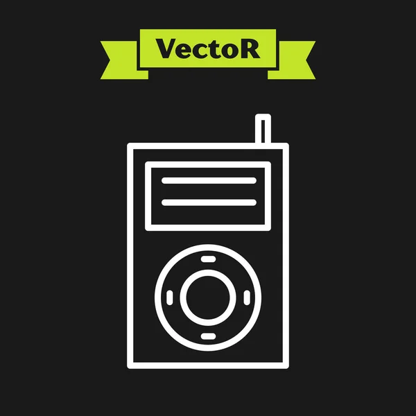 Línea blanca Icono del reproductor de música MP3 aislado sobre fondo negro. Dispositivo de música portátil. Ilustración vectorial — Vector de stock