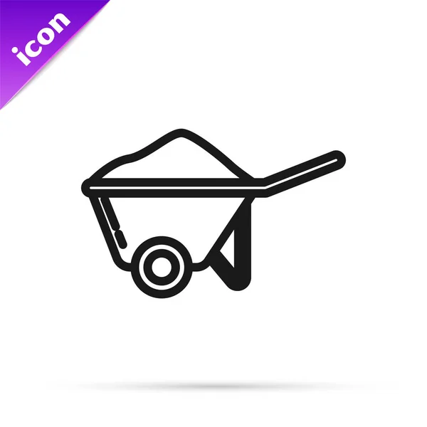 Black line Wheelbarrow with dirt icon isolated on white background. Tool equipment. Agriculture cart wheel farm. Vector Illustration — Stock Vector