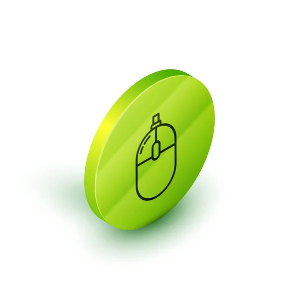 Ligne isométrique Icône de souris d'ordinateur isolé sur fond blanc. Optique avec symbole de roue. Bouton rond vert. Illustration vectorielle — Image vectorielle