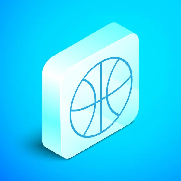青い背景にアイソメトリックラインバスケットボールのアイコンが隔離されています。スポーツシンボル。銀四角形のボタン。ベクターイラスト — ストックベクタ