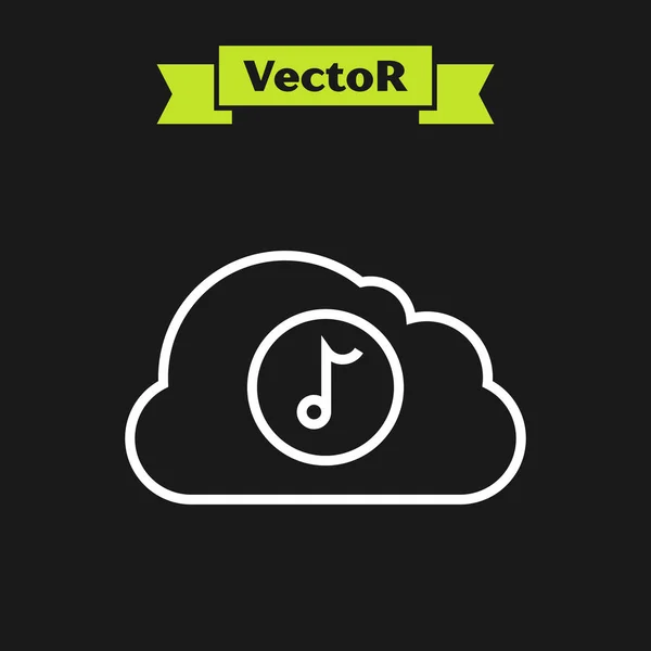 Línea blanca Icono de servicio de streaming de música aislado sobre fondo negro. Computación en la nube de sonido, transmisión de medios en línea, canción en línea, onda de audio. Ilustración vectorial — Vector de stock