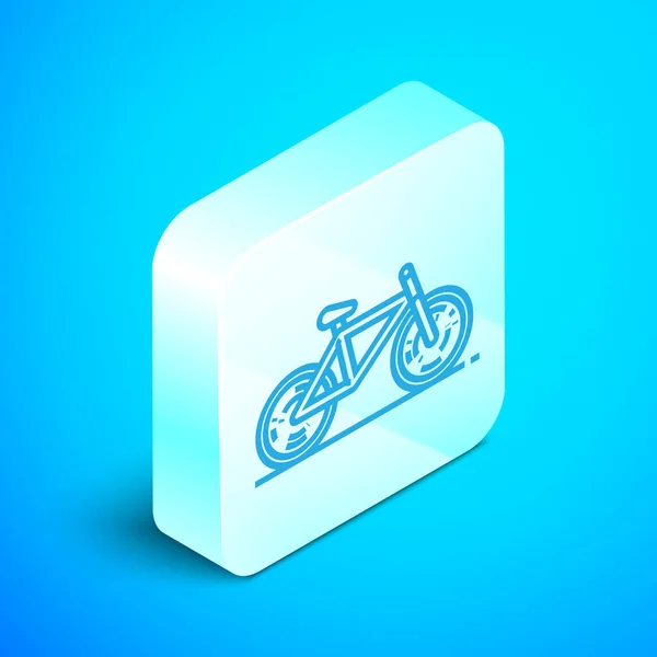 Isometric line Bicycle icon isolated on blue background. Bike race. Extreme sport. Sport equipment. Silver square button. Vector Illustration — Stock Vector