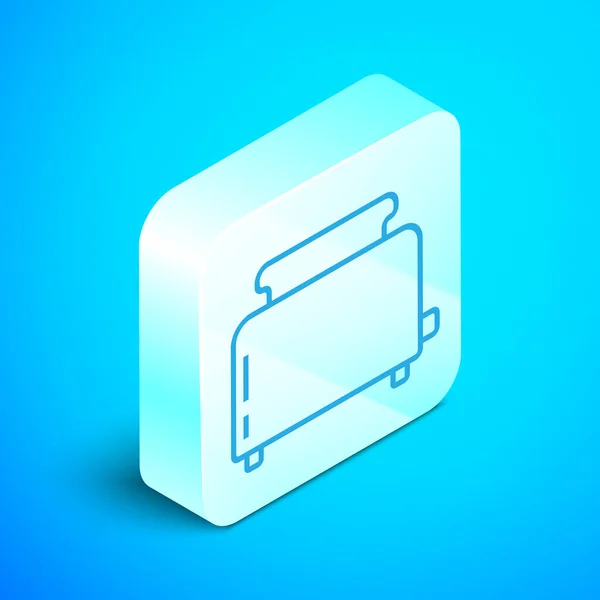 Isometrischer Toaster mit Toastsymbol auf blauem Hintergrund. Silberner quadratischer Knopf. Vektorillustration — Stockvektor