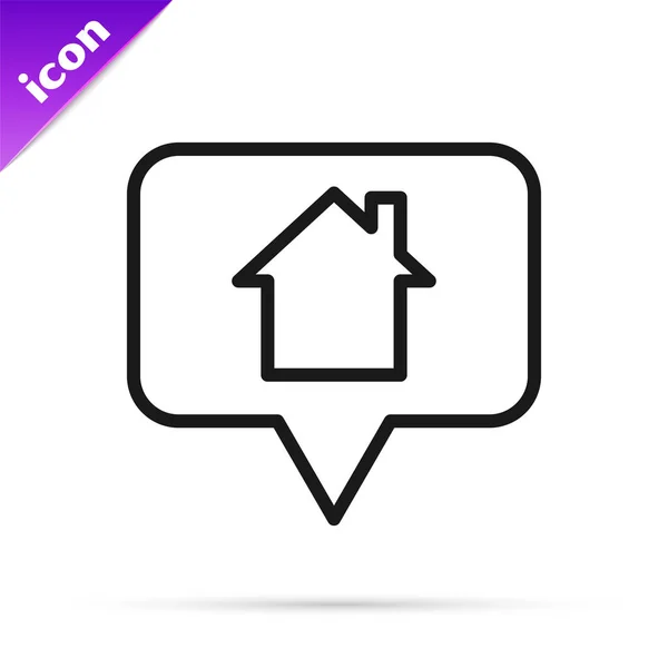 Schwarze Linie Kartenzeiger mit Haus-Symbol isoliert auf weißem Hintergrund. Markierungssymbol für den Wohnort. Vektorillustration — Stockvektor