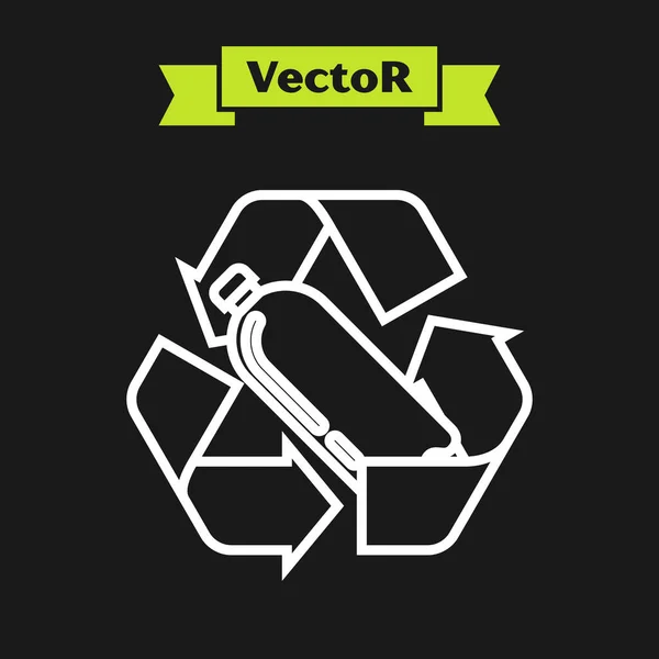 Línea blanca Reciclaje icono de la botella de plástico aislado sobre fondo negro. Ilustración vectorial — Vector de stock