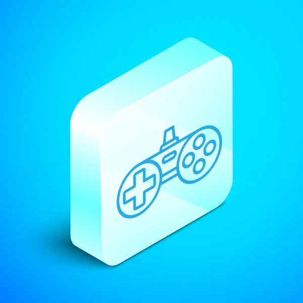 Icono de Gamepad de línea isométrica aislado sobre fondo azul. Controlador de juego. Botón cuadrado plateado. Ilustración vectorial — Vector de stock