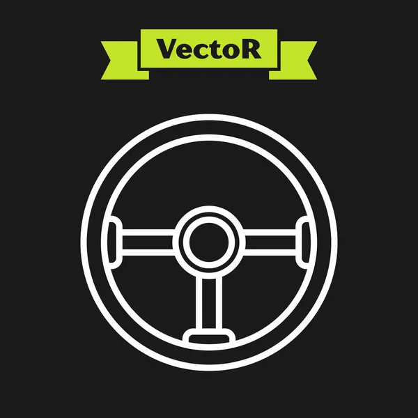 Weiße Linie Lenkrad-Symbol isoliert auf schwarzem Hintergrund. Auto-Rad-Symbol. Vektorillustration — Stockvektor