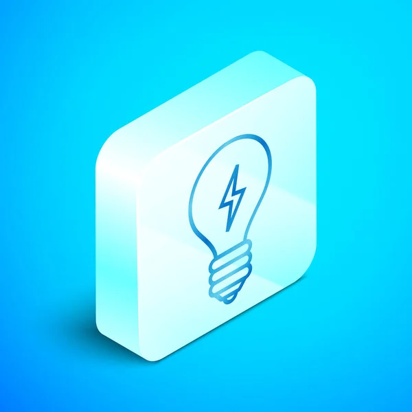 Isometrische lijn Lamp met bliksem symbool pictogram geïsoleerd op blauwe achtergrond. Lichtlampje. Idee symbool. Zilveren vierkante knop. Vector Illustratie — Stockvector