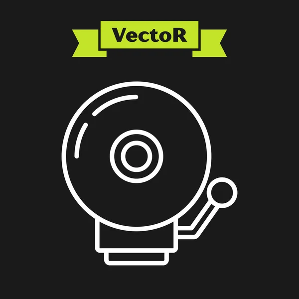 Línea blanca Timbre campana de alarma icono aislado sobre fondo negro. Símbolo de alarma, campana de servicio, señal de timbre, símbolo de notificación. Ilustración vectorial — Vector de stock