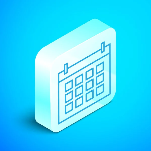 Isometric line Calendar icon isolated on blue background. Event reminder symbol. Silver square button. Vector Illustration — Stock Vector