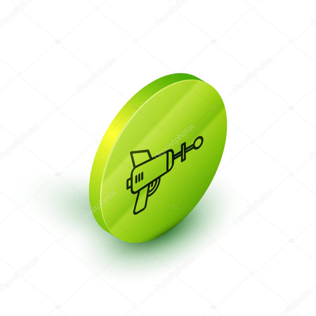 Isometric line Ray gun icon isolated on white background. Laser weapon. Space blaster. Green circle button. Vector Illustration